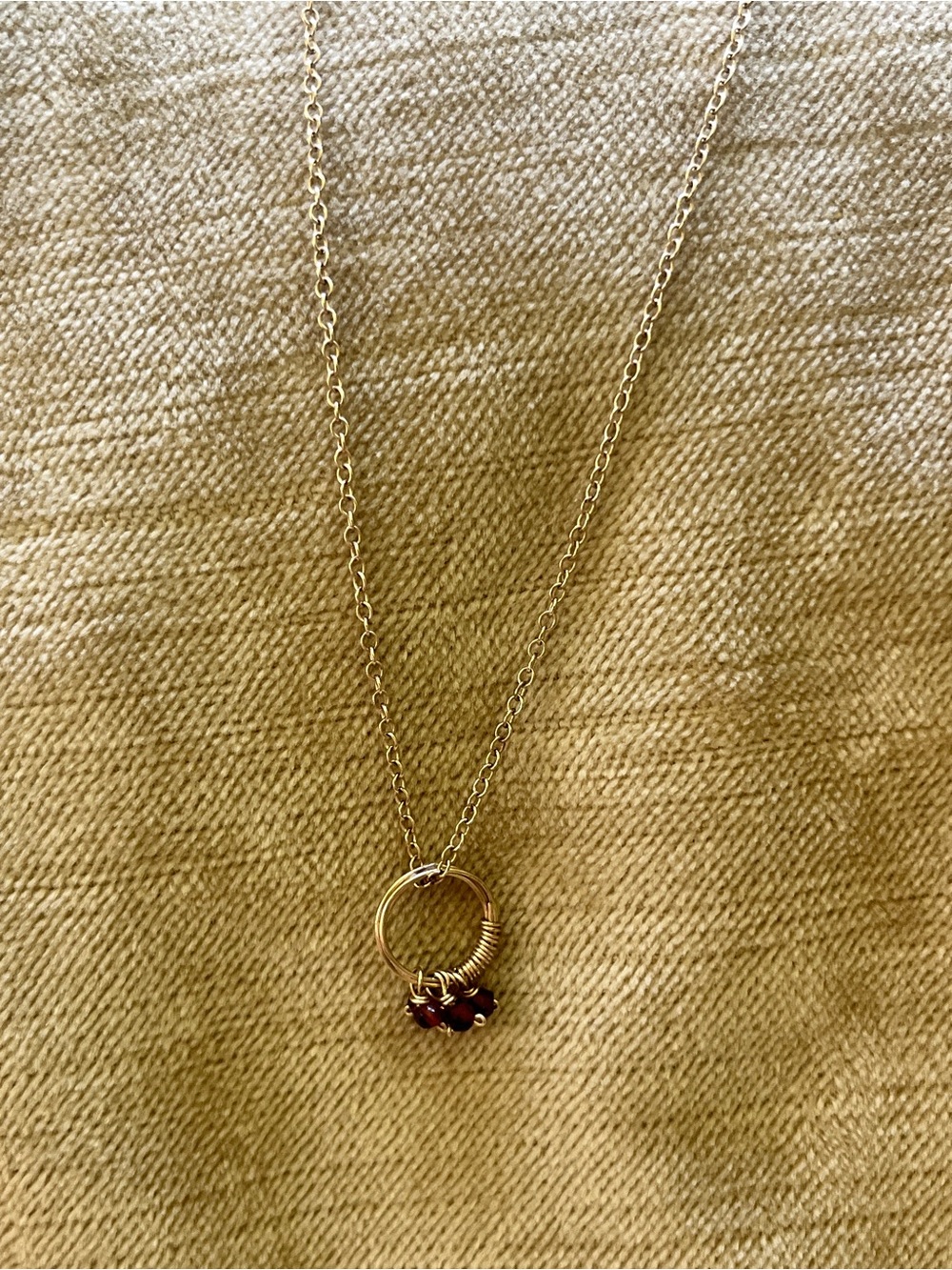 Diana Warner Birthstone Necklace with Garnet Beads. Gold filled chain. 16”